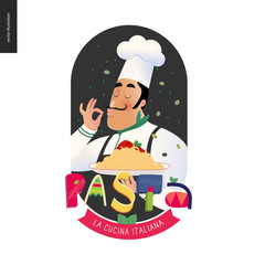 Italian restaurant set - italian restaurant logo with a cook enjoing the pasta smell and lettering Pasta, cartoon character