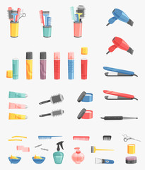 Hairdressing vector barbershop icons salon barbershop tool and device symbols fashion hairdresser professional barber cutting illustration. Stylist haircut barber accessories professional equipment