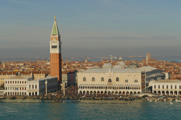 View over the lagoon of Venice to the Marcusplatz with the Campanile di San Marco and the Doges Palace