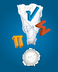 Exclamation mark with math symbols. 
Mathematics symbols inside the Exclamation mark on the blue background. Vector illustration. 