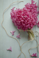 bright crimson hyacinths collected in a bouquet on the table