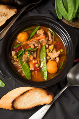 strips of pork  with sugar peas and other vegetables