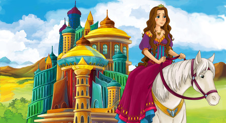 cartoon scene with beautiful princess on white horse near the castle - illustration for children © honeyflavour
