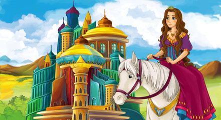 cartoon scene with beautiful princess on white horse near the castle - illustration for children © honeyflavour