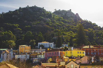 colorfull houses on the slope of the mountain in Sintra, Portugal