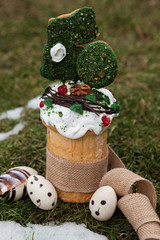 Easter cake in eco-style decorated with chocolate eggs in a nest on the background of spring grass and snow