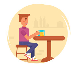 Man drinks beer in a bar. Vector