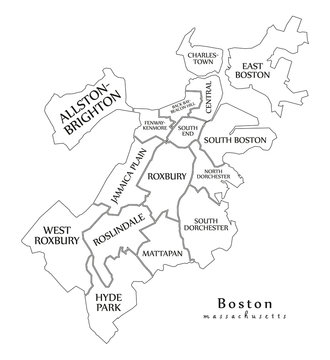 Modern City Map - Boston Massachusetts city of the USA with boroughs and titles outline map