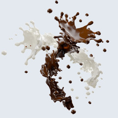 Chocolate and milk splashing with droplets isolated. 3D illustration