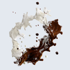 Chocolate and milk splashing with droplets isolated. 3D illustration