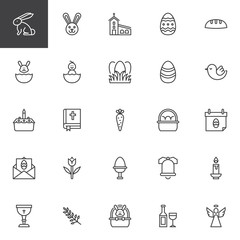 Easter holiday outline icons set. linear style symbols collection, line signs pack. vector graphics. Set includes icons as rabbit, easter bunny, church building, egg, bible book, holy Angel, religion