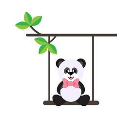 cartoon cute panda with tie on a swing and on a branch