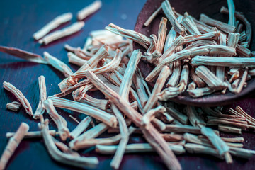 Ayurvedic herb satavari,Asparagus racemosus with its powder and root in a bowl on brown wooden surface in dark gothic colors for healthy female reproductive system, for an good reproductive system.