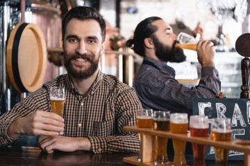 Two bearded men taste a beer of different styles in beer samplers in brewery of craft beer.