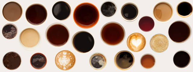 Collection of coffee cups tops isolated on white
