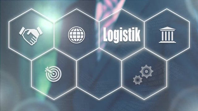 A businessman pressing a Logistics "Logistik" button in German on a futuristic computer  display