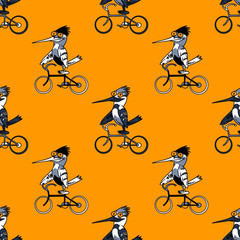 Obraz premium Funny bird riding bicycle seamless pattern. Original design for print or digital media.