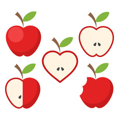 Set of red apple fruit with green leaf icon on white, stock vector illustration