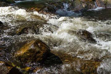 rock in waterfall with heavy flow water