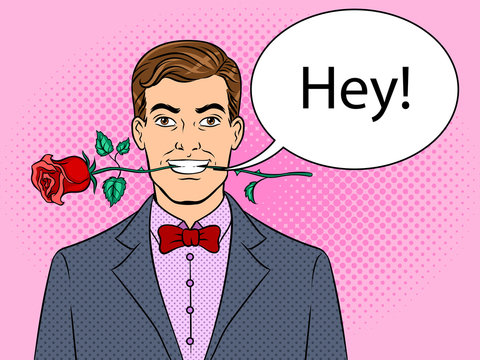 Man with rose flower pop art vector illustration