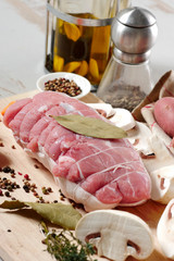 preparation of uncooked roast pork with mushrooms
