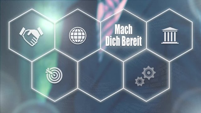 A businessman pressing a Get Ready "Mach Dich Bereit" button in German on a futuristic computer  display