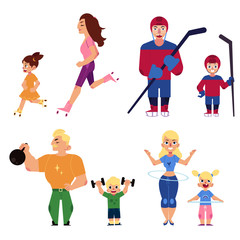 Fototapeta na wymiar parents and kids, doing sport activities together - cycling, running, twirling hula hoop, weightlifting, squatting, playing hockey, vector illustration isolated on white background