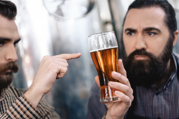 Two adult bearded brewers are testing beer. Quality control of beer malt.