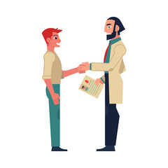 Flat male doctor shaking hand to man patient holding marrow bone, blood donation document. Medical agreement concept. Vector isolated background illustration.