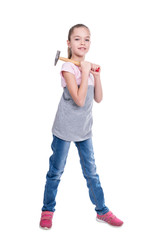 Portrait of young girls in full-length with a hammer on shoulder isolated on white background