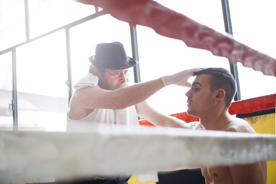 Medic examining eye of boxer