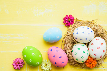 Happy easter! Colorful of Easter eggs in nest on pastel color bright green and white wooden background.