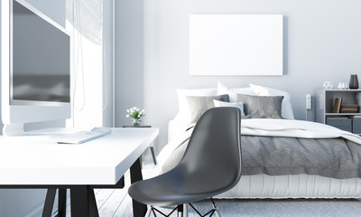 Mock up poster in white bedroom, 3d illustration