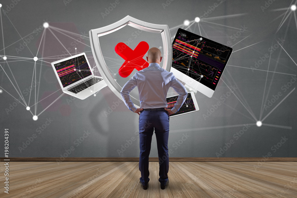 Poster hacked shield symbol surrounded by devices and network displayed on a futuristic interface