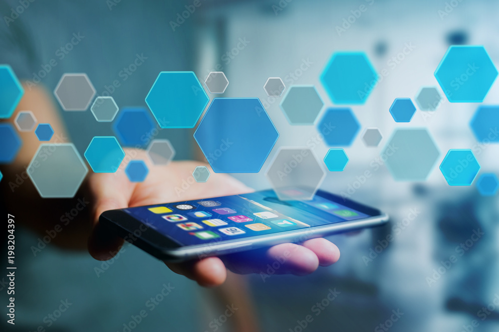Poster 3d render empty aplication made of blue hexa button displayed on a futuristic interface