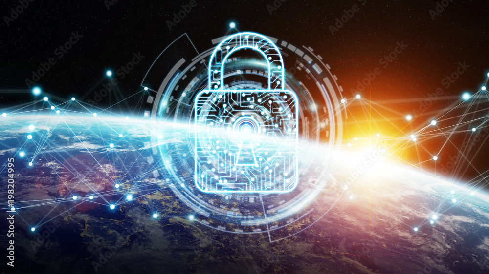 Poster Cyber security on planet Earth 3D rendering