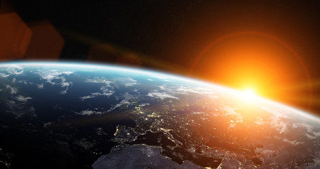 Naklejka premium Widok niebieskiej planety Ziemi w kosmosie Elementy renderowania 3D tego obrazu dostarczone przez NASA