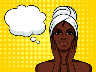 Colorful illustration of pretty african american girl with towel on her head . Beautiful  darkskin woman relaxing in spa. A Woman's happy face with a speech bubble above dot pattern background