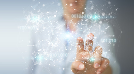 Businesswoman using digital binary code connection network 3D rendering