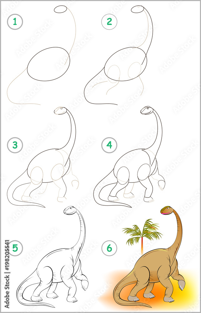 Wall mural page shows how to learn step by step to draw a cute dinosaur. developing children skills for drawing