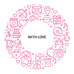 Circle frame with love symbols in line style. Love couple relationship dating wedding romantic amour concept theme. Unique Valentine day round print. Elements, icons.