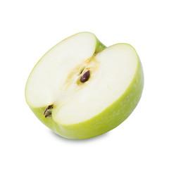 One half of green cut apple isolated on white background