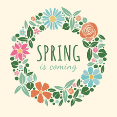 Concept of Spring poster with floral wreath. Vector.