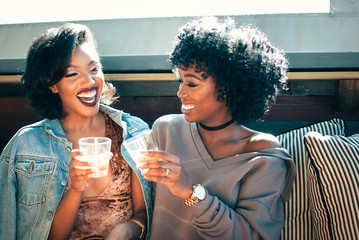 Two young women toasting with drinks
