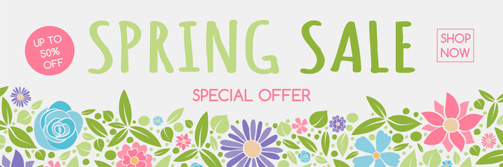 Concept of a header with colorful flowers for Spring Sale. Vector.