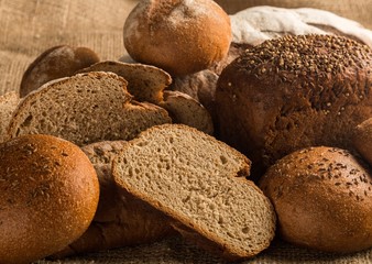 Assorted products breads on wooden table