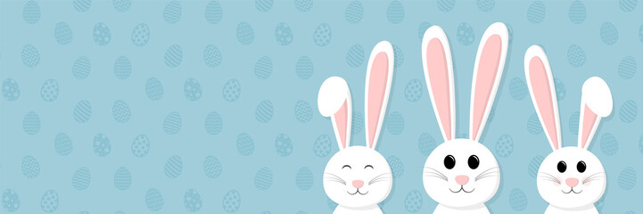 Template of an Easter banner with happy bunnies. Vector.
