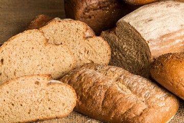 Assorted products breads on wooden table