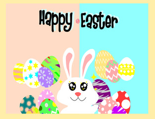 cute easter bunny with a lot of colorful eggs,rabbit with blue and pink back ground ,animals vector