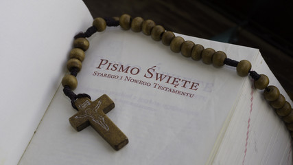 my hope - wooden rosary on the polish Holy Bible - obrazy, fototapety, plakaty